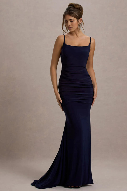 Daring Mermaid Square Neck Sleeveless Ruched Open Back Floor Length Prom Dress by YiHuiw