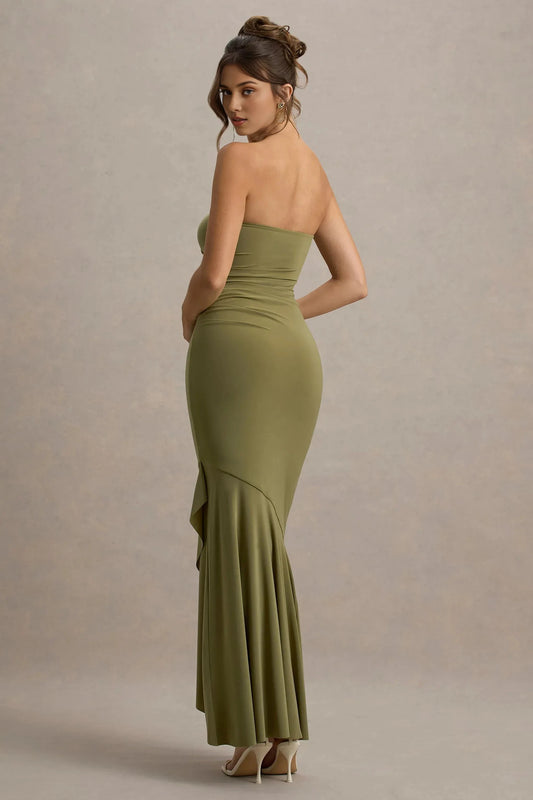 Daring Mermaid Strapless Sleeveless Ruched Asymmetrical Hem Floor Length Prom Dress by YiHuiw