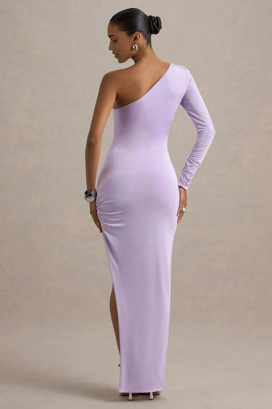 Daring Sheath One Shoulder Single Long Sleeve Ruched Slit Maxi Prom Dress by YiHuiw