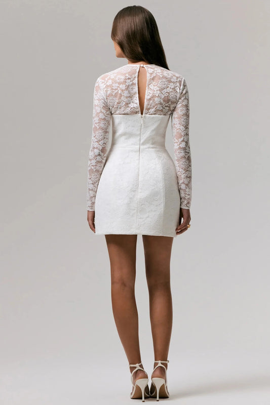Daring Sheath Square Neck Long Sleeve Lace Accent Keyhole Back Short Prom Dress by YiHuiw