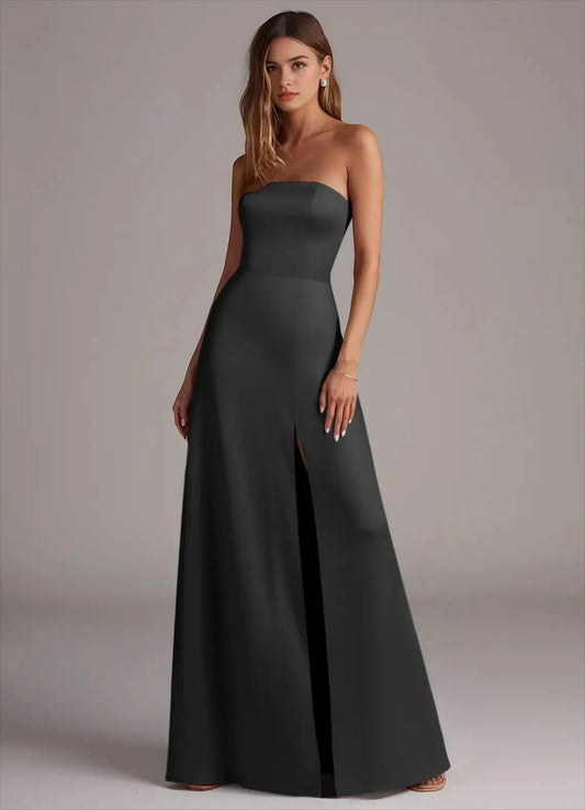 Dark Gray Asymmetrical Strap Maxi Dress with Open Back Black A-Line Strapless Stretch Satin Convertible Dress Bridesmaid Dresses by YiHuiw