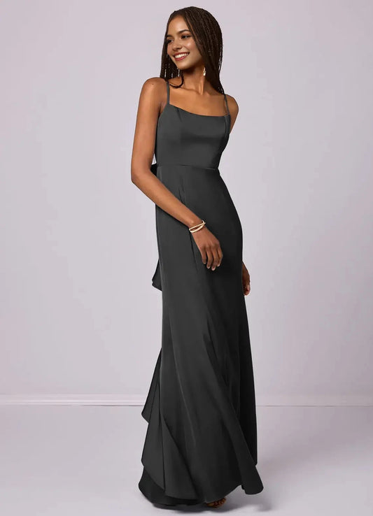 Dark Grey Satin Open-Back Maxi Dress with Bow and Ruffle Detail Mermaid Bow Stretch Satin Dress black Bridesmaid Dresses by YiHuiw