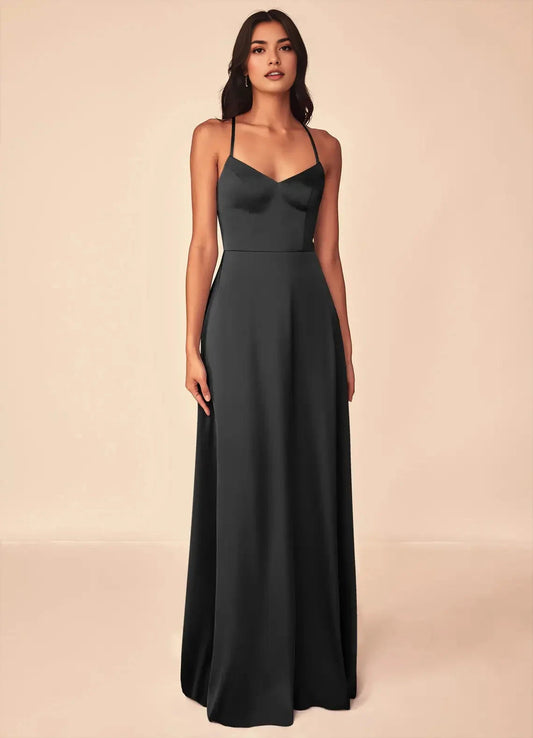 Dark Teal Spaghetti Strap Maxi Dress with Crisscross Back Black A-Line V-Neck Stretch Satin Dress Bridesmaid Dresses by YiHuiw