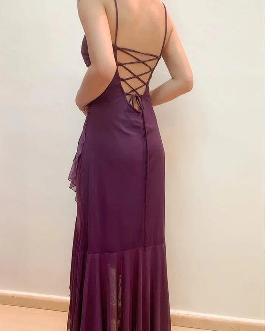 Dark Purple Spaghetti Straps Ruffled Split Prom Dress Long simple gentle atmospheric and unique desi Bring summer colors to enhance whiteness by YiHuiw