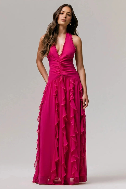 Dazzling Mermaid Halter Neck Sleeveless Open Back Ruffled Floor Length Prom Dress by YiHuiw