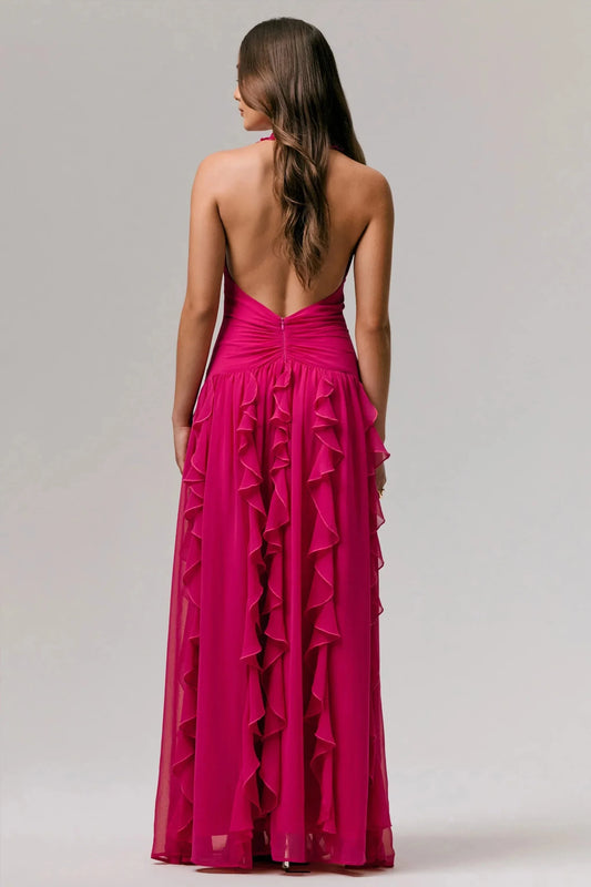 Dazzling Mermaid Halter Neck Sleeveless Open Back Ruffled Floor Length Prom Dress by YiHuiw