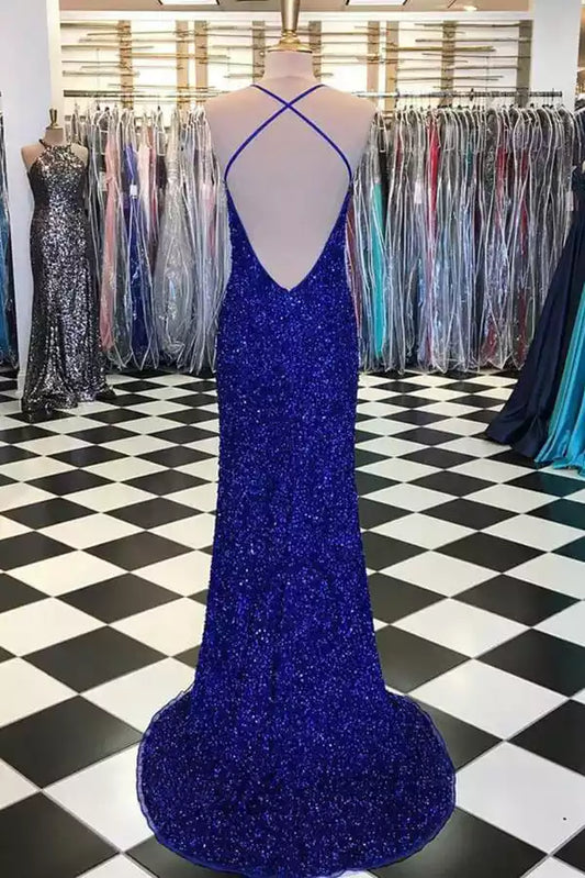 Dazzling Royal Blue Sequin Mermaid Dress with Halter Neck & Open Back