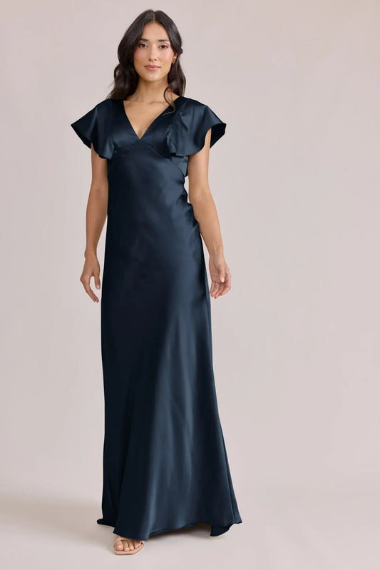 Navy Mermaid V-Neck Satin Wedding Dress - Yihuiw by Yihuiw