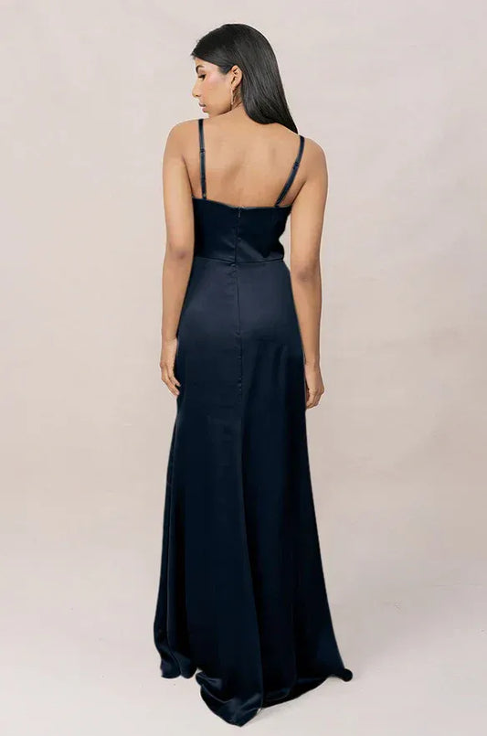 Navy Mermaid V-Neck Satin High Slit Wedding Dress - Yihuiw by Yihuiw