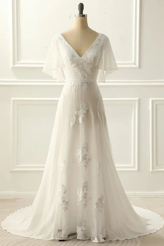 A-Line Chiffon Short Sleeve Train Mini Wedding Dress - Yihuiw by Yihuiw