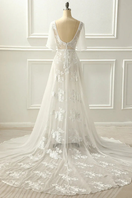 A-Line Chiffon Short Sleeve Train Mini Wedding Dress - Yihuiw by Yihuiw