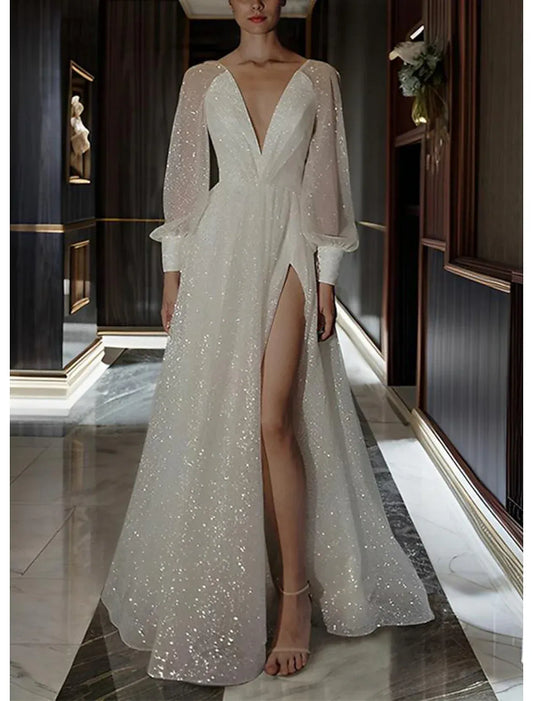 A-Line Tulle Long Sleeve High Slit Wedding Dress - Yihuiw by Yihuiw