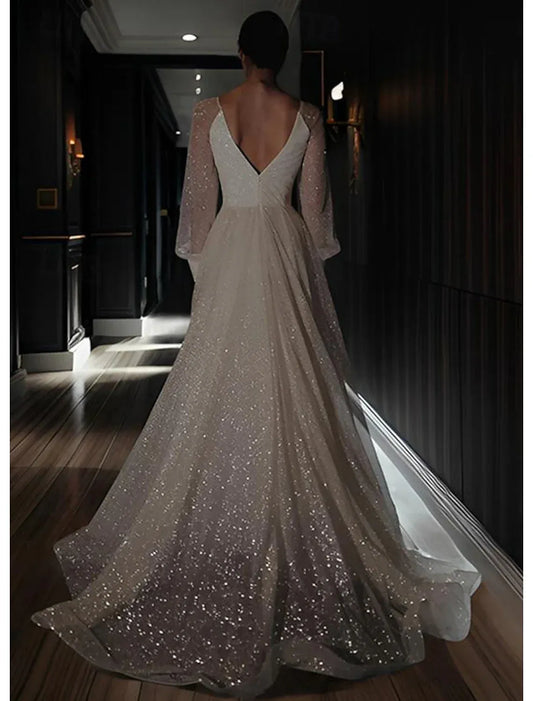 A-Line Tulle Long Sleeve High Slit Wedding Dress - Yihuiw by Yihuiw