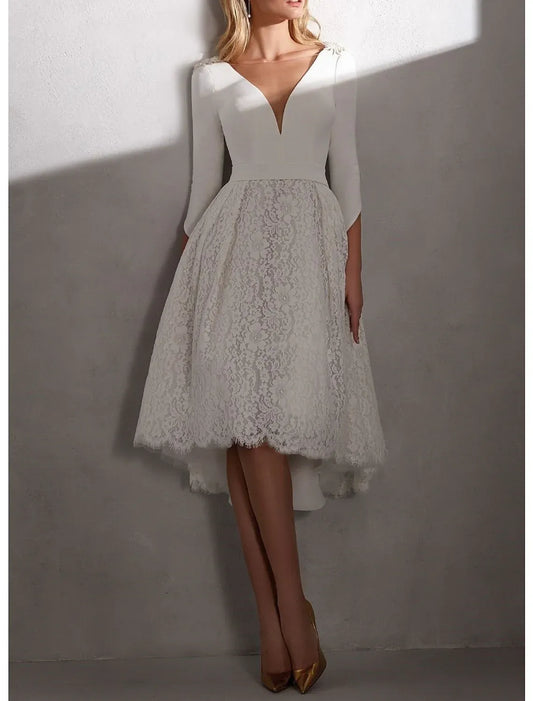 Lace Open Back Midi Wedding Dress - Yihuiw by Yihuiw