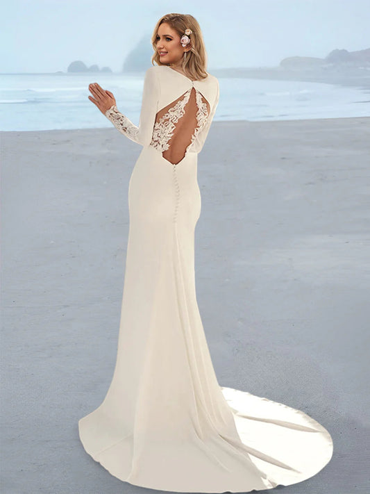 Deep V Neck Long Sleeve Mermaid Wedding Dress with Lace Applique Open Back Sweep Train Bridal Dress