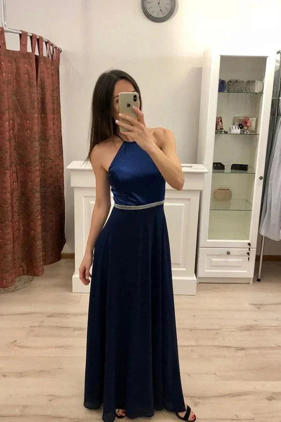 Deep blue long dress with neck hanging collar and sleeveless design suitable for dinners, dances and other occasions by YiHuiw