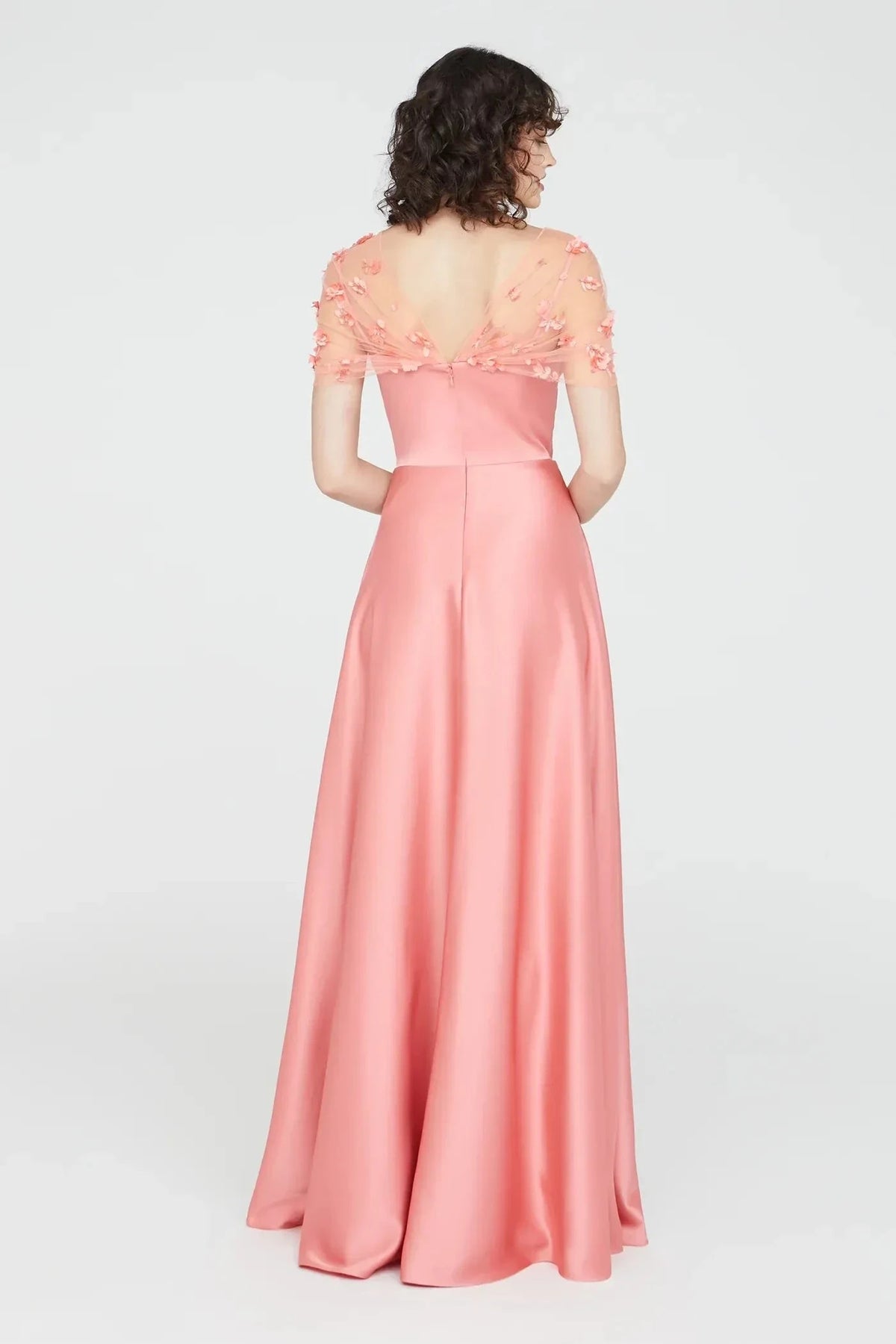 Delicate A Line Illusion Neck Short Sleeve Floral Back Floor Length Prom Dress by YiHuiw