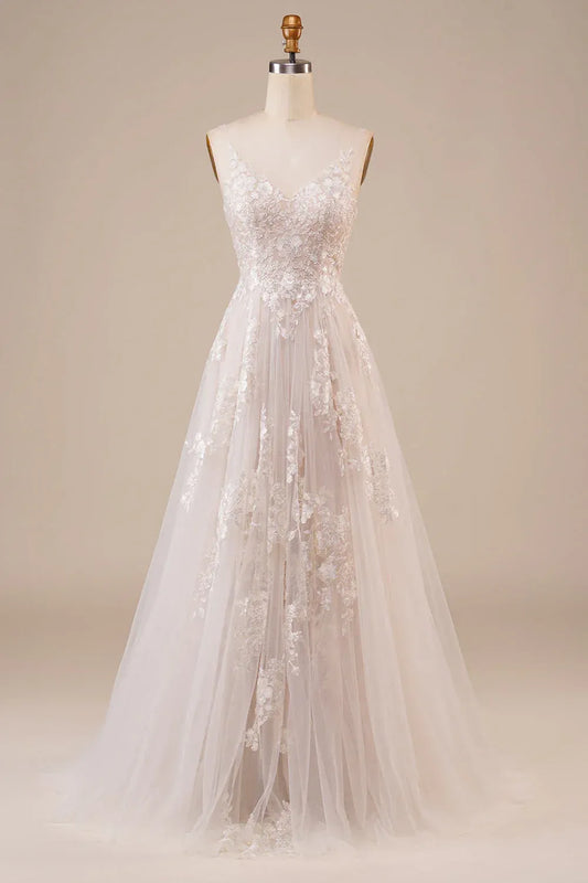 A-Line Plunging Tulle Open Back Train Wedding Dress - Yihuiw by Yihuiw
