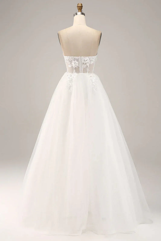 A-Line Sweetheart Tulle Lace-Up Back Train Wedding Dress - Yihuiw by Yihuiw