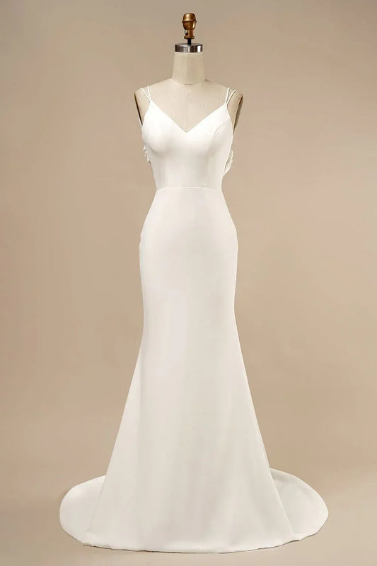 Mermaid V-Neck Crepe Button Back Train Wedding Dress - Yihuiw by Yihuiw