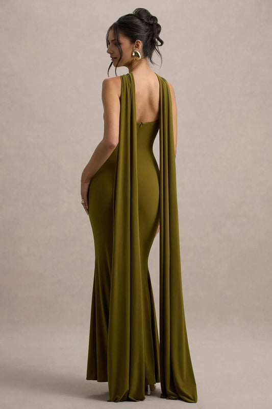 Dramatic Mermaid Knot Neck Cape Sleeve Open Back Floor Length Prom Dress by YiHuiw