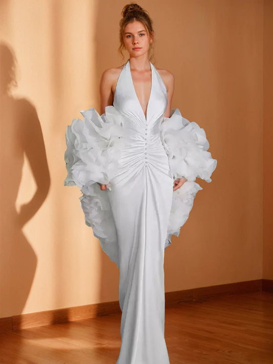 Dramatic Halter Neck Plunging V-Neck Satin Mermaid Wedding Dress with Oversized Organza Ruffle Skirt & Low Open Back