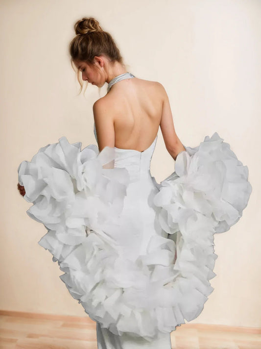 Dramatic Halter Neck Plunging V-Neck Satin Mermaid Wedding Dress with Oversized Organza Ruffle Skirt & Low Open Back