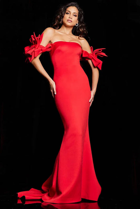 Dramatic Mermaid Off-the-Shoulder Bow Detail Sleeveless Train Floor-Length Evening Dress for Formal Events and Special Occasions
