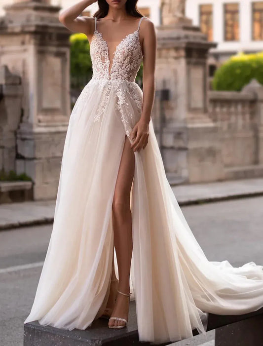 A-Line Spaghetti Strap Open Back High Slit Wedding Dress - Yihuiw by Yihuiw