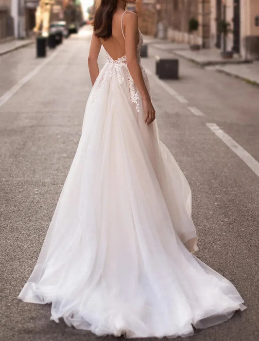 A-Line Spaghetti Strap Open Back High Slit Wedding Dress - Yihuiw by Yihuiw