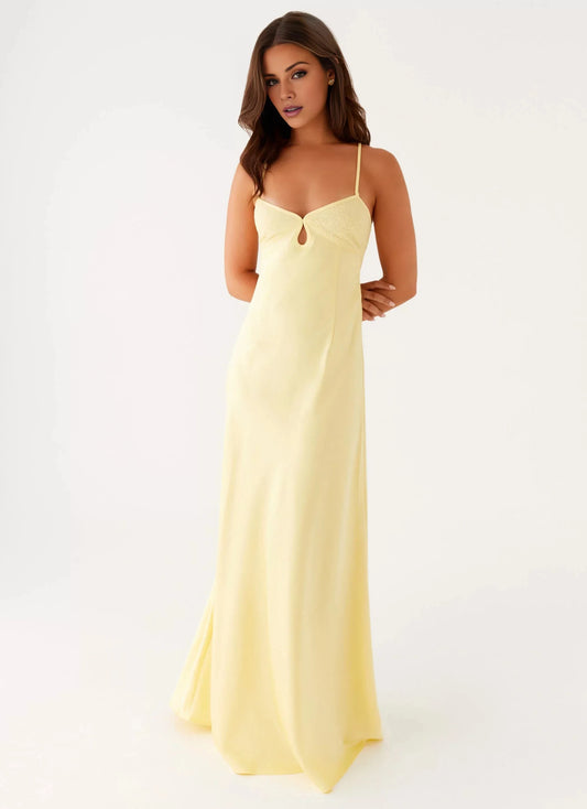 Dreamy A-Line V Neck Sleeveless Keyhole Cross-Back Floor-Length Prom Dress by YiHuiw