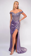 Dreamy Mermaid Off-Shoulder Neck Embroidered High-Slit Floor-Length Evening Dress