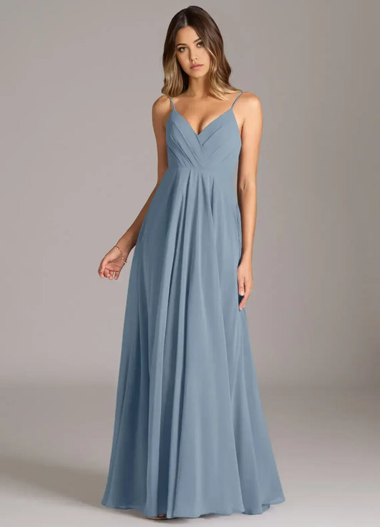 Blue A-Line V-Neck Floor-Length Wedding Dress - Yihuiw by Yihuiw