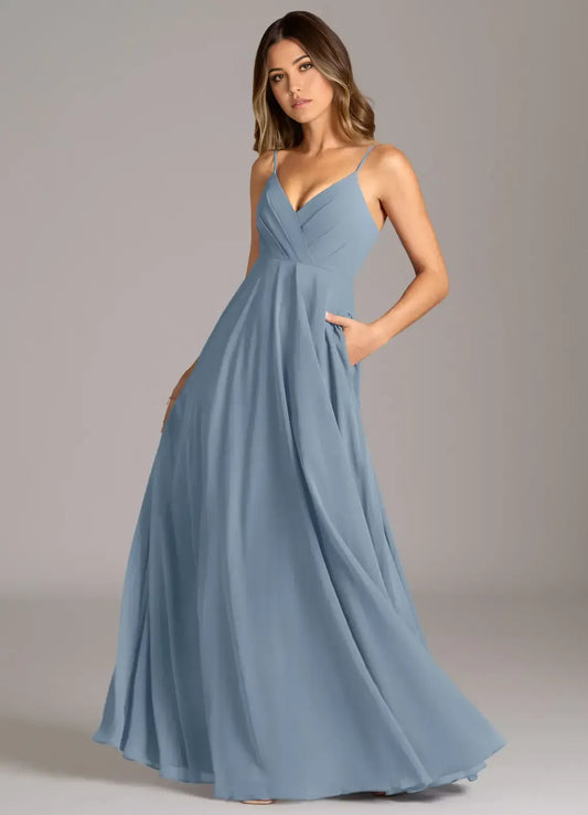 Blue A-Line V-Neck Floor-Length Wedding Dress - Yihuiw by Yihuiw