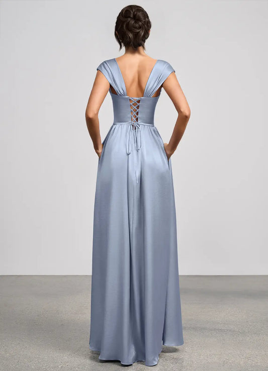 Blue Square Neck Satin Cap Sleeve Lace-Up Back Floor-Length Wedding Dress - Yihuiw by Yihuiw