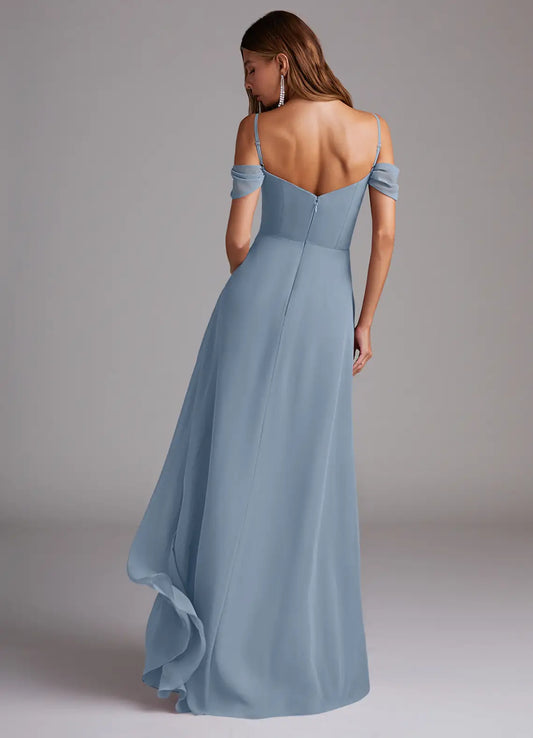 Blue A-Line Sweetheart Chiffon Cold Shoulder Floor-Length Wedding Dress - Yihuiw by Yihuiw