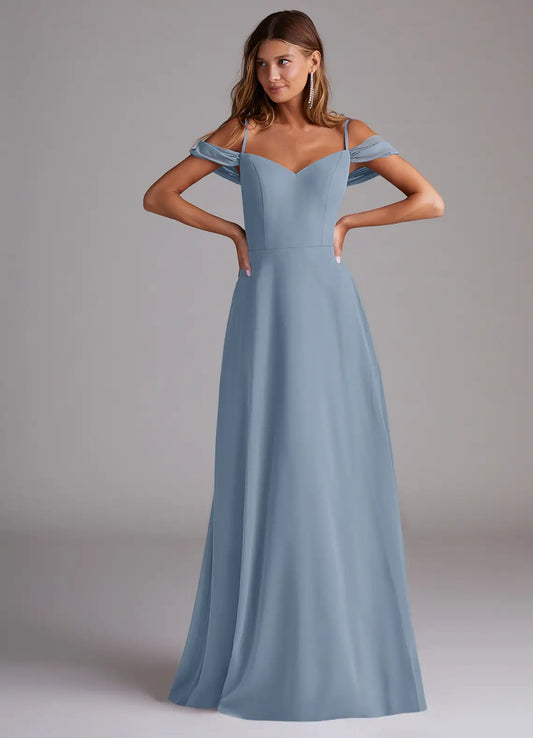 Blue A-Line Sweetheart Chiffon Cold Shoulder Floor-Length Wedding Dress - Yihuiw by Yihuiw