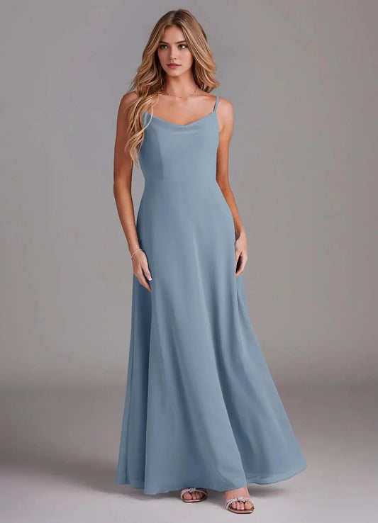 Dusty Blue Cowl Neck Maxi Dress with Spaghetti Straps Blue A-Line Cowl Chiffon Dress Bridesmaid Dresses by YiHuiw