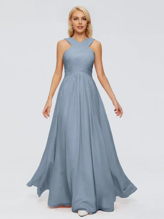 Blue A-Line Halter Chiffon Pleated Floor-Length Wedding Dress - Yihuiw by Yihuiw