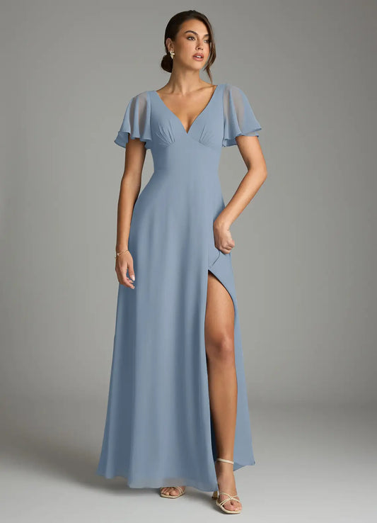 Blue A-Line V-Neck Chiffon High Slit Floor-Length Wedding Dress - Yihuiw by Yihuiw
