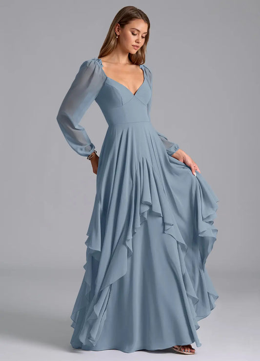 Blue A-Line Sweetheart Long Sleeve Ruffled Floor-Length Wedding Dress - Yihuiw by Yihuiw