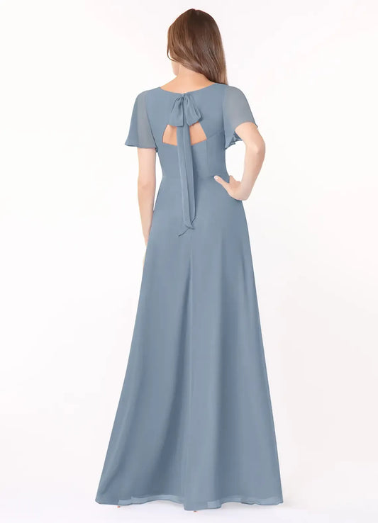 Blue A-Line V-Neck Chiffon Short Sleeve High Slit Floor-Length Wedding Dress - Yihuiw by Yihuiw