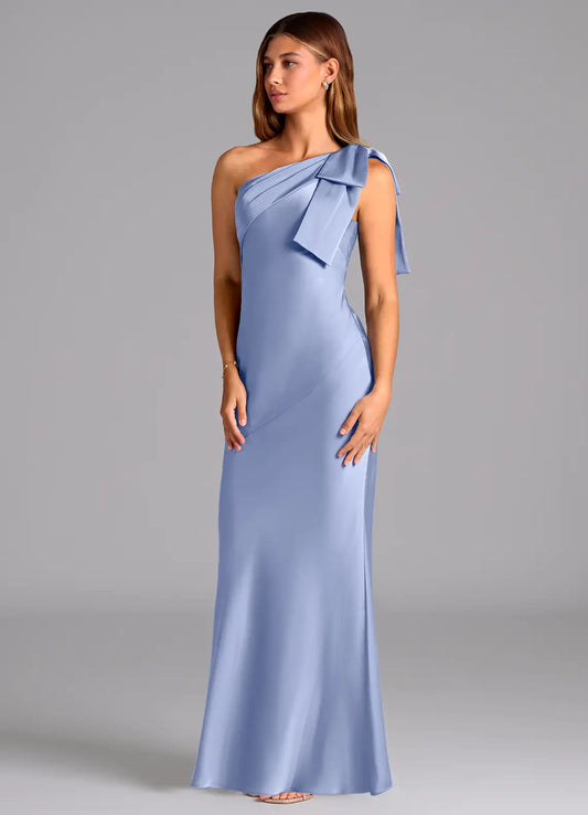 Blue Mermaid One-Shoulder Satin Floor-Length Wedding Dress - Yihuiw by Yihuiw
