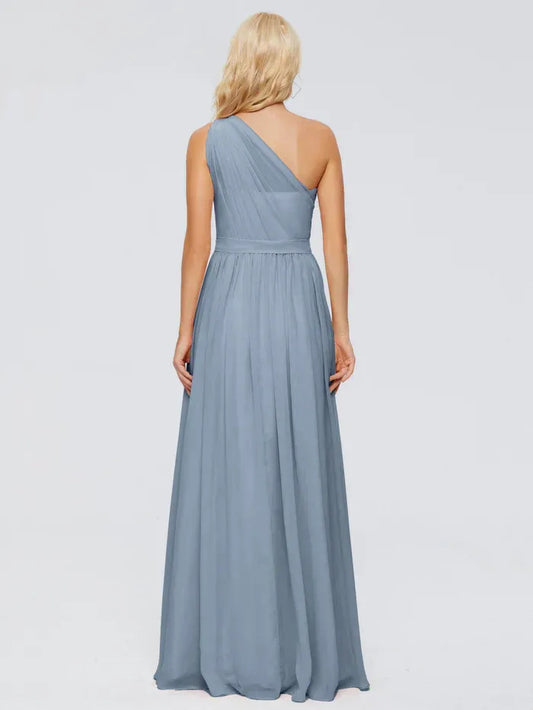 Blue A-Line One-Shoulder Chiffon Pleated Floor-Length Wedding Dress - Yihuiw by Yihuiw