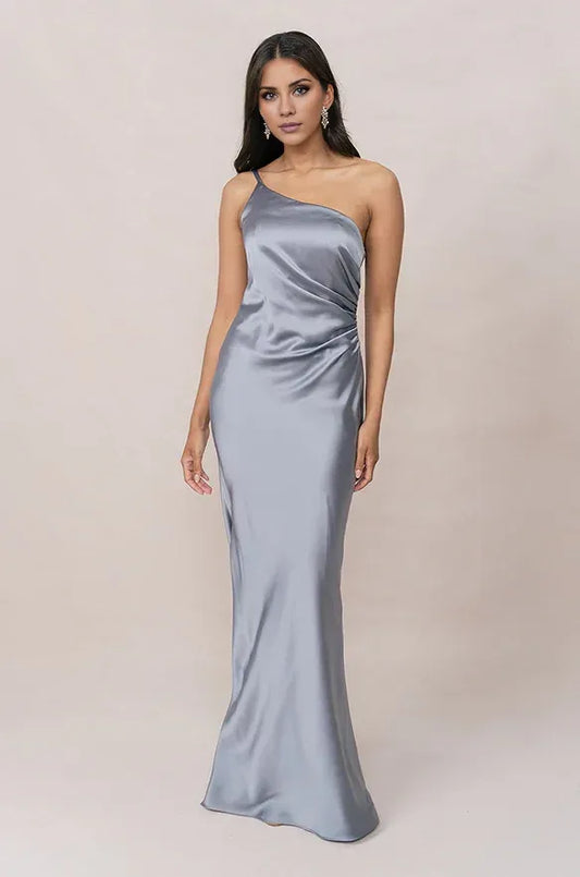 Blue Mermaid One-Shoulder Satin Ruched Floor-Length Wedding Dress - Yihuiw by Yihuiw