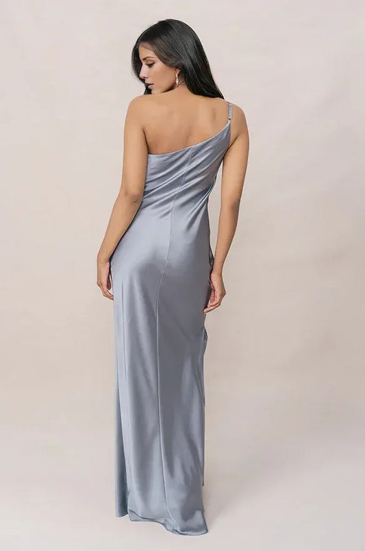 Blue Mermaid One-Shoulder Satin Ruched Floor-Length Wedding Dress - Yihuiw by Yihuiw