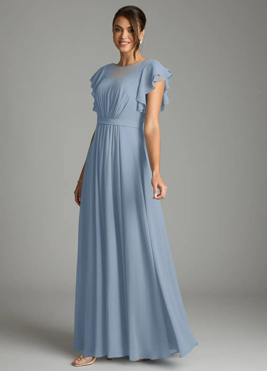 Blue A-Line Chiffon Short Sleeve Ruffled Floor-Length Wedding Dress - Yihuiw by Yihuiw