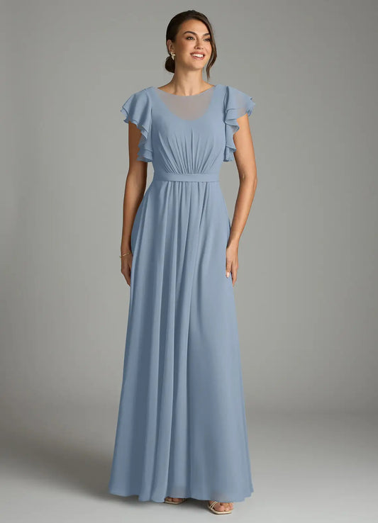 Blue A-Line Chiffon Short Sleeve Ruffled Floor-Length Wedding Dress - Yihuiw by Yihuiw