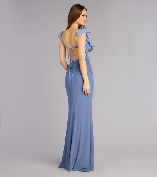 Blue Mermaid Ruffled Floor-Length Wedding Dress - Yihuiw by Yihuiw