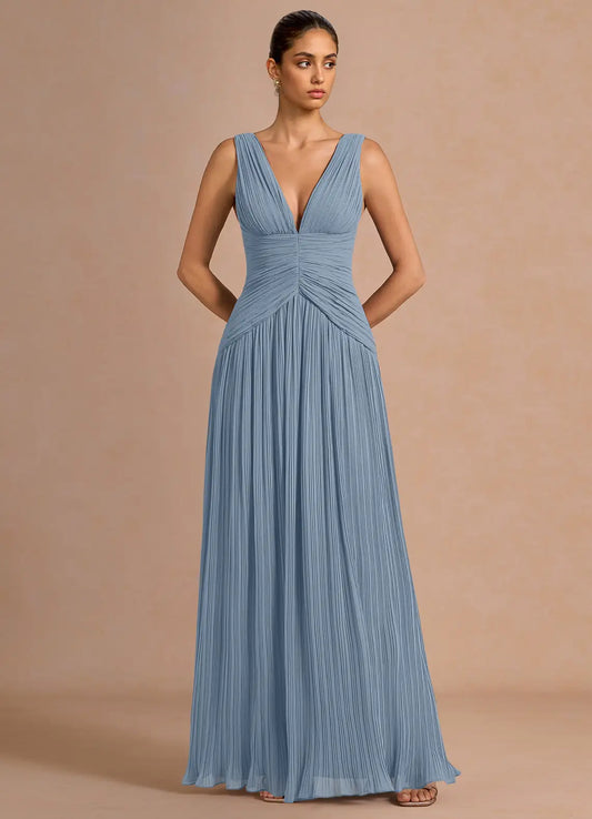 Blue A-Line Sleeveless Pleated Floor-Length Wedding Dress - Yihuiw by Yihuiw